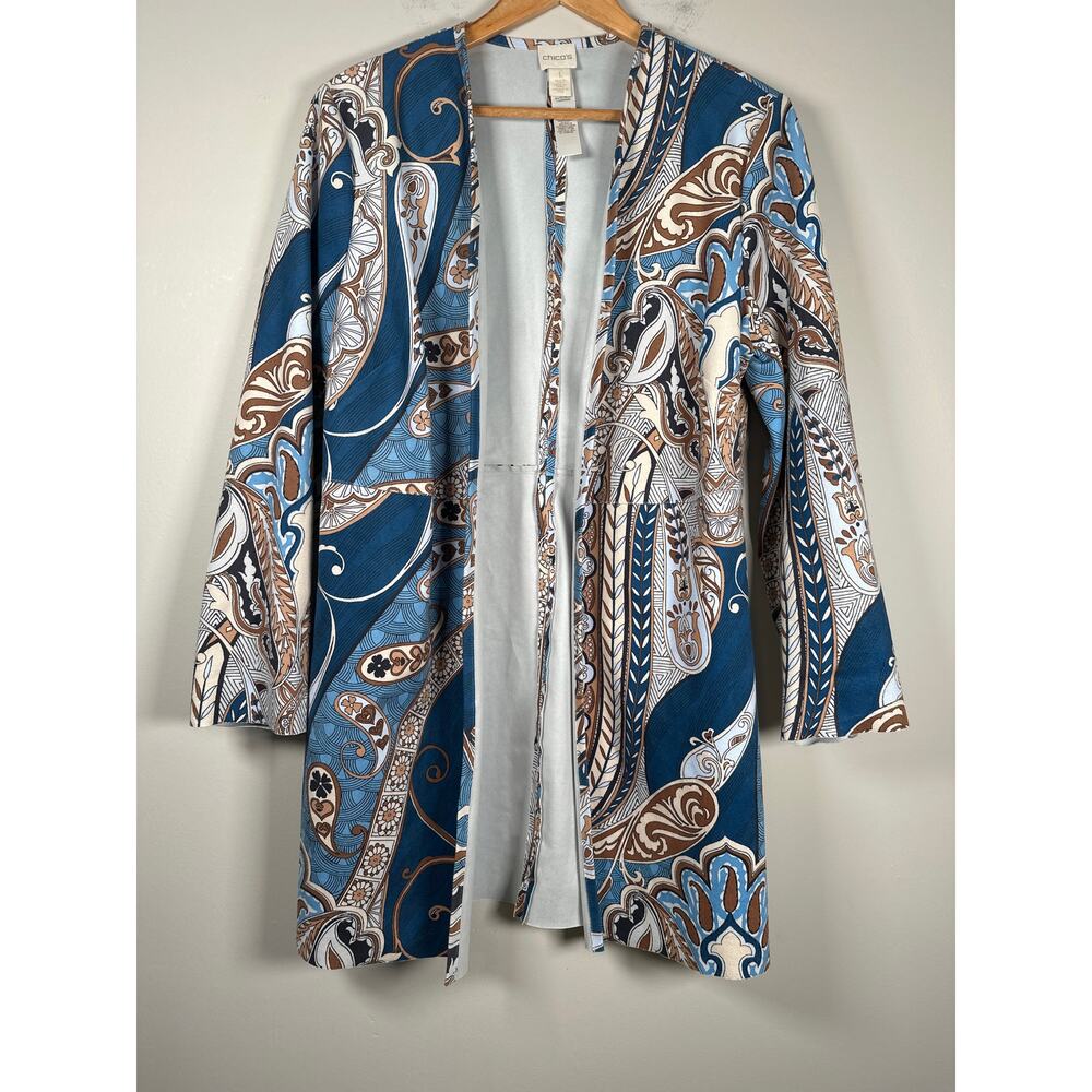 Chicos Baroque-Printed‎ Cardigan Size 1 M Long Open Stretch Paisley Faux Suede